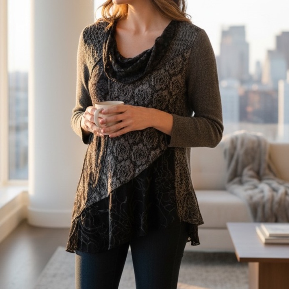 Adore Black Gray Mixed Textiles Lagonlook Asymmetrical Floral Tunic Top